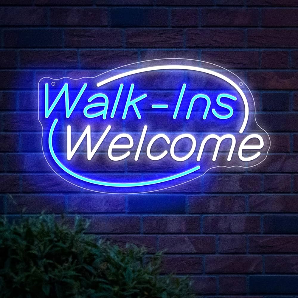 Walk-Ins Welcome Neon Sign, Neon Sign For Wall Decor, Blue + White Walk-Ins Welcome Neon Sign, Neon Sign For Wall Decor, Blue + White